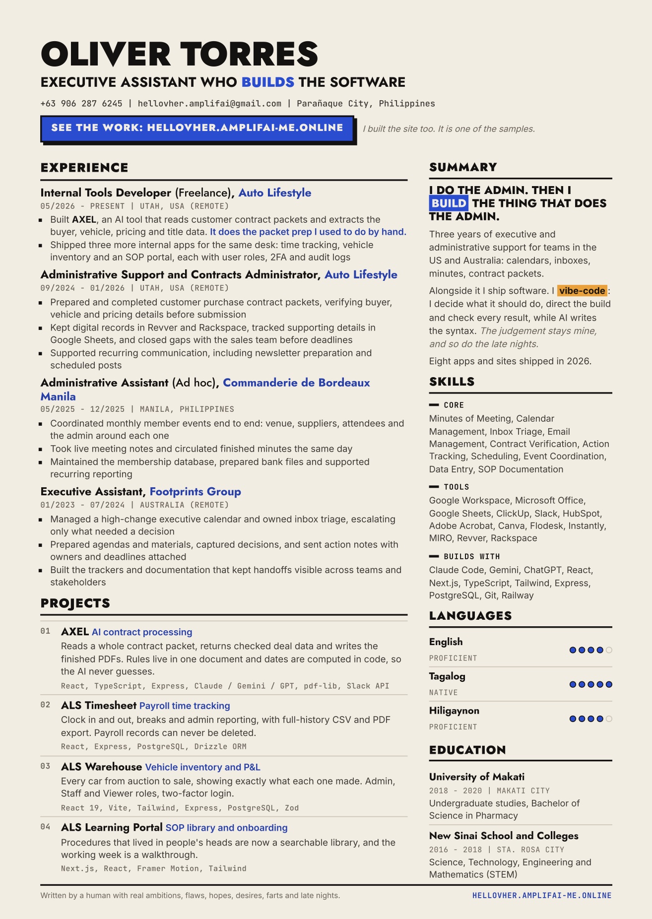 Resume of Oliver Torres. The same document as the PDF above.
