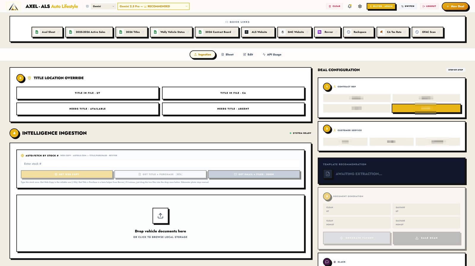 The AXEL deal desk: a drop zone for vehicle documents on the left, and the deal configuration and document generation panels on the right.